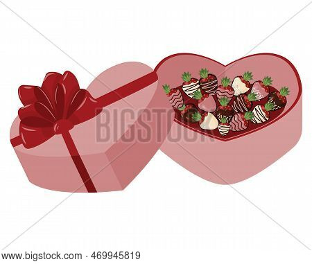 Open Box In The Shape Of A Heart. A Set Of Strawberries In Dark, White And Fruit Chocolate Glaze. Sw