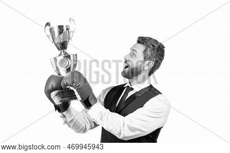 Businessman In Boxing Gloves With Trophy. Successful Ceo Boxer. Relentless Struggle And Success