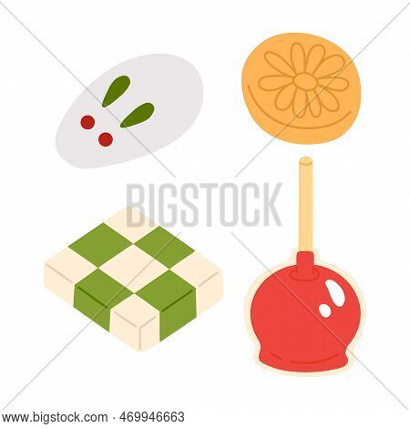 Vector Illustration Set Of Cute  Doodle Asian Food Wagashi For Print ,design, Greeting Card,sticker,
