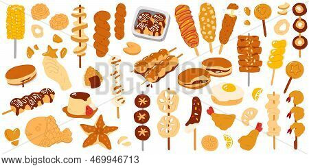 Vector Illustration Set Of Colored In One Style Cute Doodle Asian Food For Print ,design, Greeting C