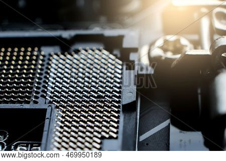 Close-up Of 1155 Computer Motherboard. Lga 1155 Socket For Processor Mount
