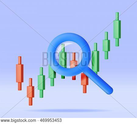 3d Stock Candle With Magnifying Glass Isolated. Render Stock Bars Shows Growth Or Success. Financial