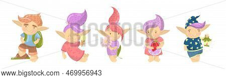 Cute Man And Woman Troll With Pointed Ears Engaged In Different Activity Vector Set
