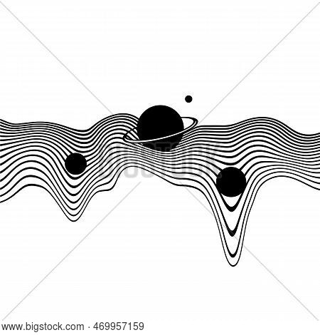 Hypnotic Optical Vector Illustration. Abstract Multidimensional Waves With Planets Among The Strings