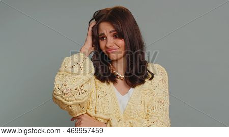 I Dont Know What To Say. Confused Woman Feeling Embarrassed About Ambiguous Question, Having Doubts,
