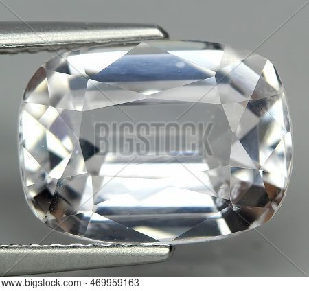 Natural Precious Pink Kunzite Stone On Gray Background