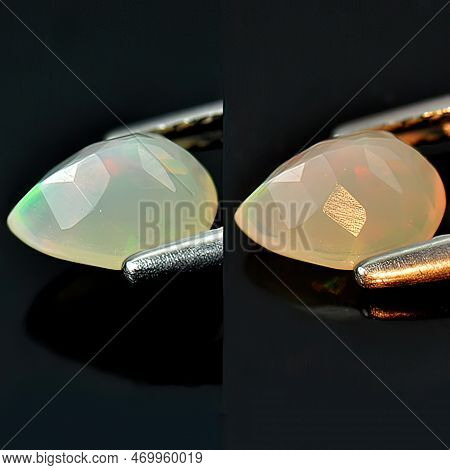 Natural Gemstone Rainbow Opal On Gray Background