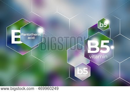 Molecular Model Of Vitamin B5. Hexagons With Vitamin B5 Name, Blurry Background.