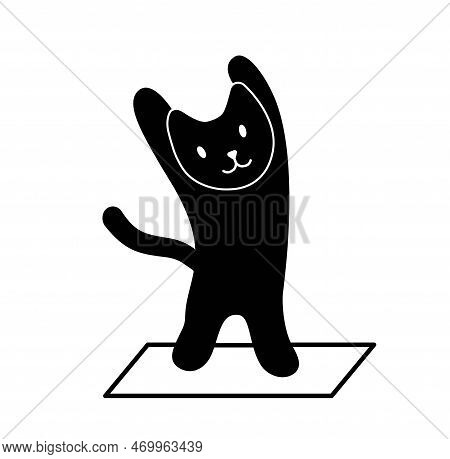 Black Cat Stretching. Charming Character Stands On Its Hind Legs On Rug, Silhouette Of Kitten. Sprot
