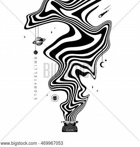 Hypnotic Optical Vector Illustration. Multidimensional Waves Flowing Out Of A Typewriter, With Plane