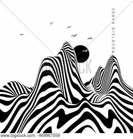 Hypnotic Optical Vector Illustration. Multidimensional Waves Forming Peaks, With Sun, Seagulls, And 
