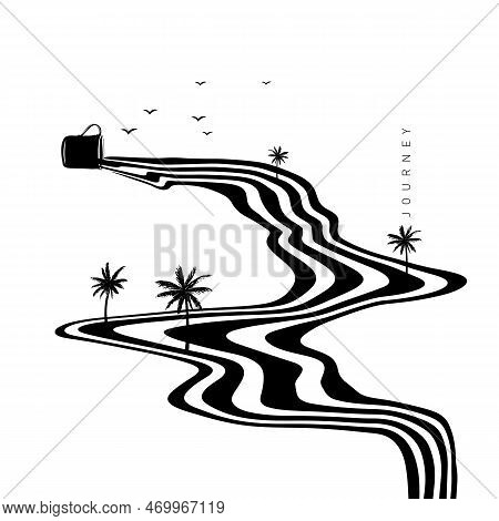 Hypnotic Optical Vector Illustration. Multidimensional Waves Flowing Out Of A Mug, With Palm Trees, 
