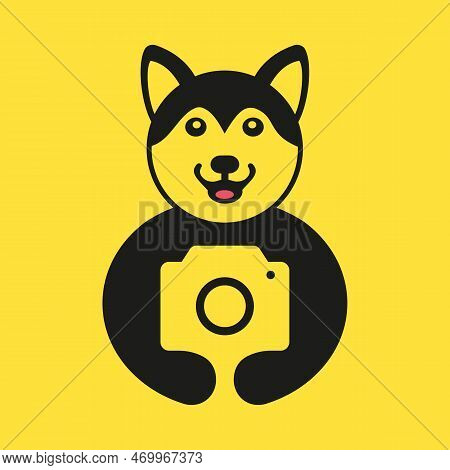Husky Camera Logo Negative Space Concept Vector Template. Husky Holding Camera Symbol