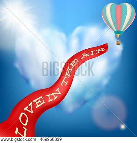 Wedding Invitation Card With Flying Hot Air Balloon In The Sky. Eps 10 Vector File