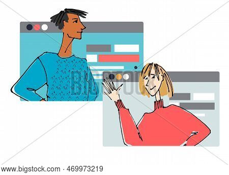 Two Young People In Front Of A Computer Screen. Flat Style, Isolated Vector Element