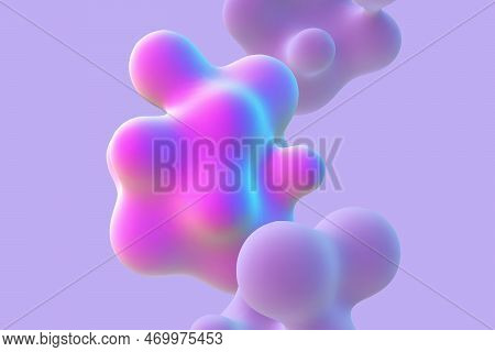 3d Abstract Liquid Bubbles On Purple Background. Concept Of Future Science: Floating Morphing Sphere