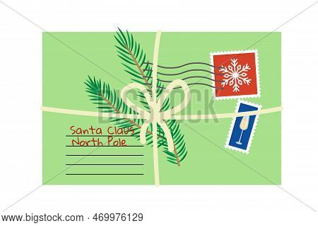 Christmas Poctcard With Marks And Seals Decoratede Fir Branch And Rope. Cartoon, Vector