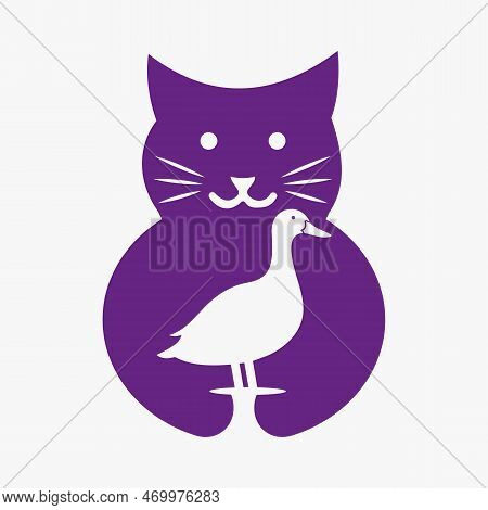 Cat Duck Logo Negative Space Concept Vector Template. Cat Holding Duck Symbol