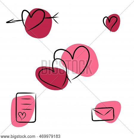 Set Valentine's Day, Vector. 
Hand Drawn Sketch And Colored Spots. Color Viva Magenta. Heart, Letter