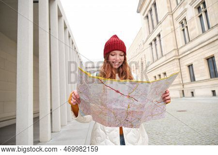 Redhead Girl, Tourist Explores City, Looks At Paper Map To Find Way For Historical Landmarks, Woman 