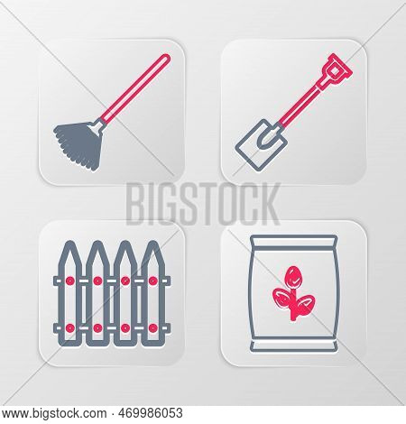 Set Line Sickle, Garden Fence, Shovel And Rake For Leaves Icon. Vector
