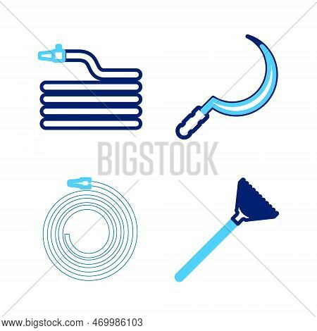 Set Line Garden Rake For Leaves, Hose Fire Hose, Sickle And Icon. Vector