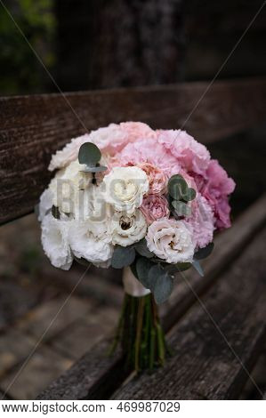 Wedding Bouquet Composed Of Roses, Ozothamnus, Freesia And Eucalyptus. Pink Bridal Bouquet. Wedding 
