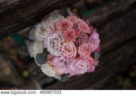 Wedding Bouquet Composed Of Roses, Ozothamnus, Freesia And Eucalyptus. Pink Bridal Bouquet. Wedding 