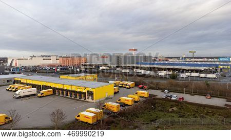 Weiterstadt, Germany February 02 2023: View Over The Dhl Delivery Station Of Weiterstadt With Metro,
