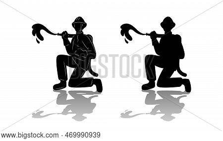 Fireman Black Silhouettes. Fire Fighter With Hose. Rescue Department. Man In Uniform And Helmet. Fir