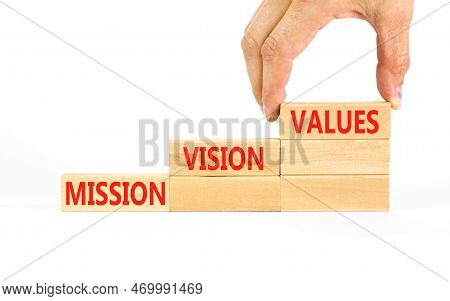 Mission Vision Values Symbol. Concept Words Mission Vision Values On Wooden Blocks On A Beautiful Wh