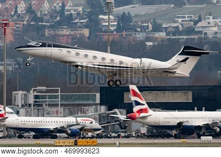 Zurich, Switzerland, January 20, 2023 Gulfstream G650-er Business Aircraft Is Taking Off From Runway