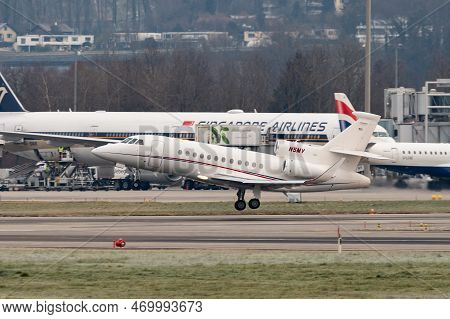 Zurich, Switzerland, January 20, 2023 Dessault Falcon 900ex Business Aircraft Departing From Runway 