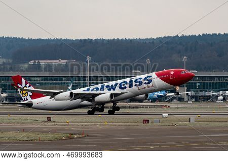 Zurich, Switzerland, January 20, 2023 Edelweiss Airbus A340-313 Aircraft Taking Off From Runway 16
