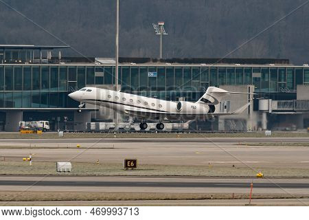 Zurich, Switzerland, January 20, 2023 Gulfstream G650-er Business Aircraft Departing From Runway 28 