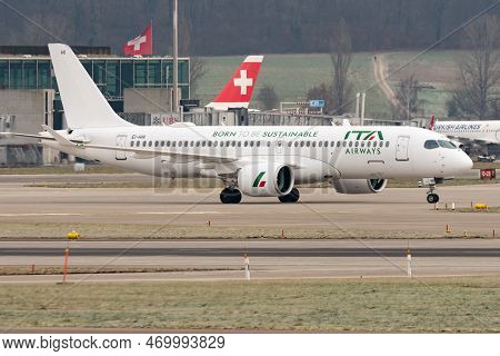 Zurich, Switzerland, January 20, 2023 Ita Airways Bombardier Cs-300 Or A220 Aircraft Is Taxiing To I