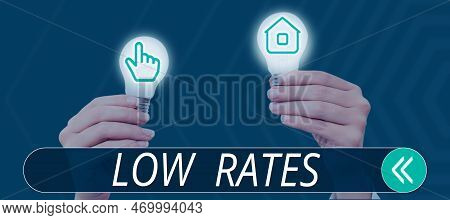 Hand Writing Sign Low Rates. Word For A Cost Of An Item Or Service Which Is Usualy At Its Smallest P