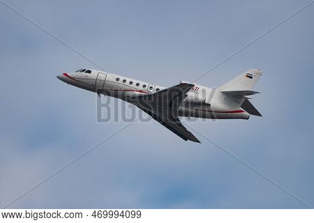 Zurich, Switzerland, January 20, 2023 Dessault Falcon 50ex Business Aircraft Is Departing From Runwa