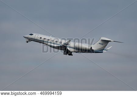 Zurich, Switzerland, January 20, 2023 Gulfstream G650 Business Aircraft Taking Off From Runway 28 Af