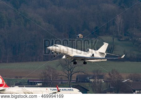 Zurich, Switzerland, January 20, 2023 Dessault Falcon 8x Business Aircraft Taking Off From Runway 28