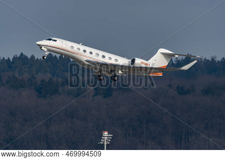 Zurich, Switzerland, January 20, 2023 Gulfstream G650 Business Aircraft Takeoff From Runway 28 After