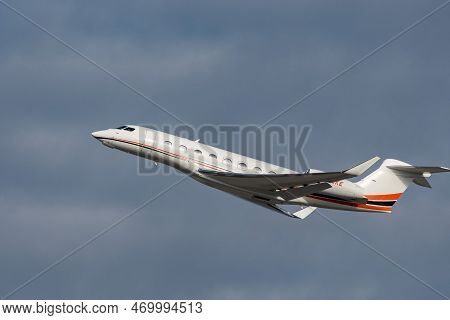 Zurich, Switzerland, January 20, 2023 Gulfstream G650 Business Aircraft Takeoff From Runway 28 After
