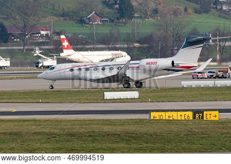 Zurich, Switzerland, January 20, 2023 Gulfstream G650-er Business Aircraft Is Taxiing To Its Positio