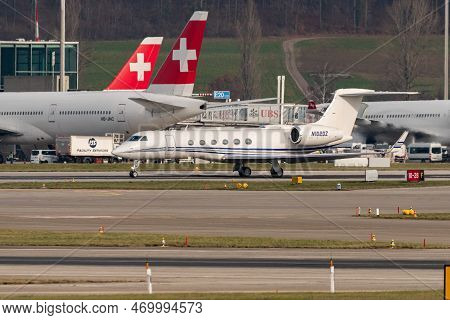 Zurich, Switzerland, January 20, 2023 Gulfstream G5 Business Aircraft Takeoff From Runway 28 After T