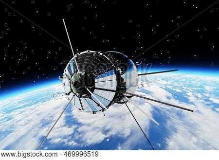 Spaceship Vostok1 At The Earth Orbit. 3d Rendering Background. 3d Illustration