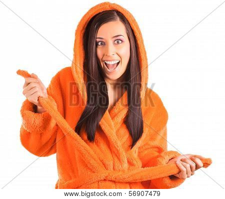 cute brunette in an orange bathrobe