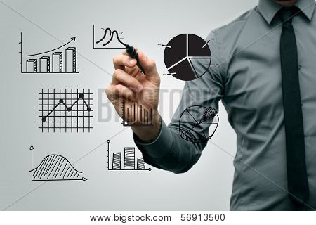 Business Man Drawing Different Graphs And Charts