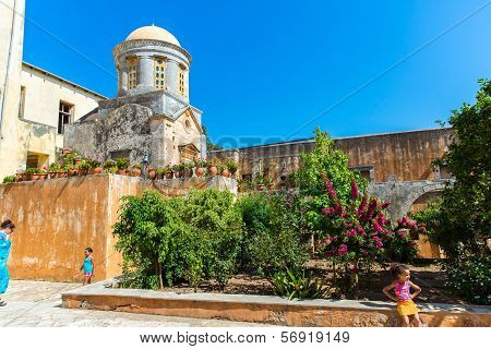 Monastery (friary) In Messara Valley At Crete, Greece. Messara - Is  Largest Plain In  Island Crete