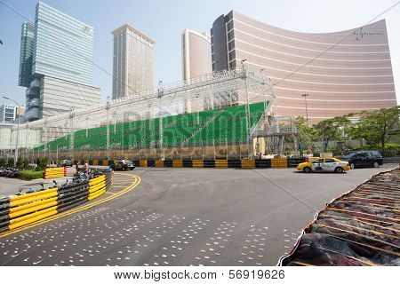 MACAU, CHINA - NOVEMBER 2, 2012: Safety barriers installed along streets before the upcoming racing Macau Grand Prix in stages Formula 3, FIA WTCC, motorcycle prize. Race takes place on the streets.