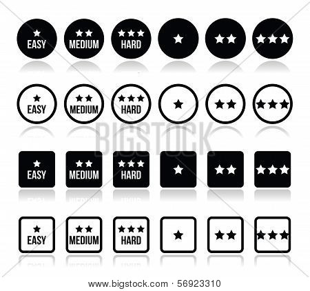Easy, medium, hard level with stars icons set